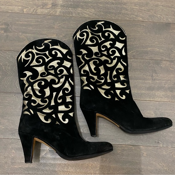 Vintage 80’s Andrea Pfister Black and Gold Cut Out Boots - Picture 6 of 11
